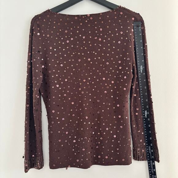 Pierri New York Brown V Neck Knit Top Beaded Sequin Embellishment Size Medium - Picture 4 of 16